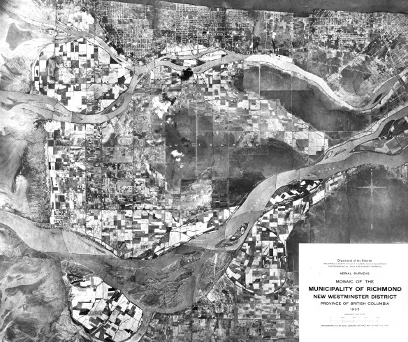 Aerial view of Richmond (population 8,000) in the 1930s, before the establishment of zoning bylaws. City of Richmond Archives Photograph 1985 154 1