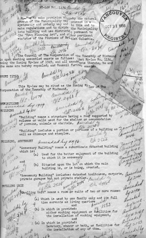 First page of Zoning Bylaw 1430 (1956), with amendment bylaw number annotations in pencil. City of Richmond  Archives Bylaws