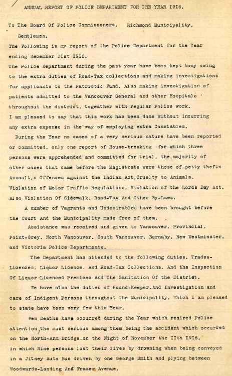Annual Report to the Board of Police Commissioners, 1916. City of Richmond Archives MR 404, File BPC 1-1