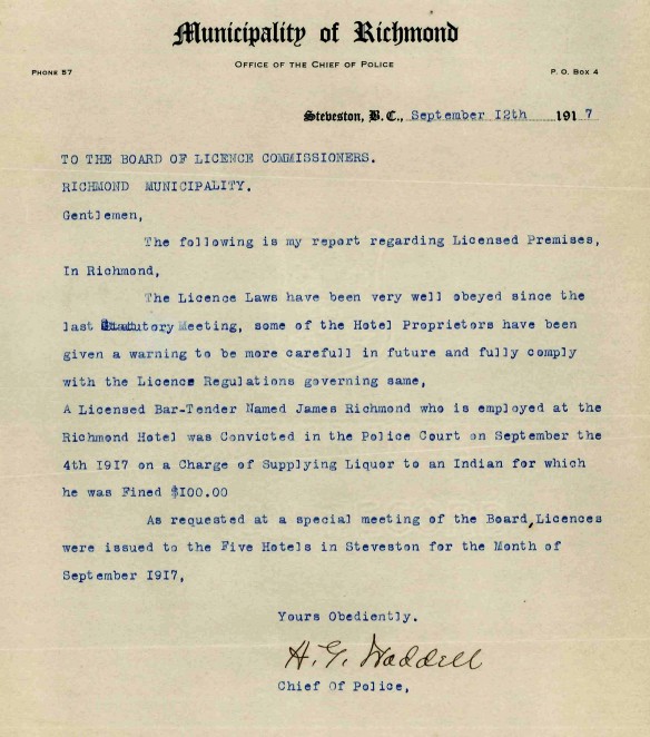 Report to the Board of Licence Commissioners, September, 1917. City of Richmond Archives MR 403, File BLC 1-1