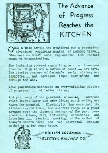 Ad supplied by BC Electric Railway Company on inside of front cover of "Tested Recipes." 