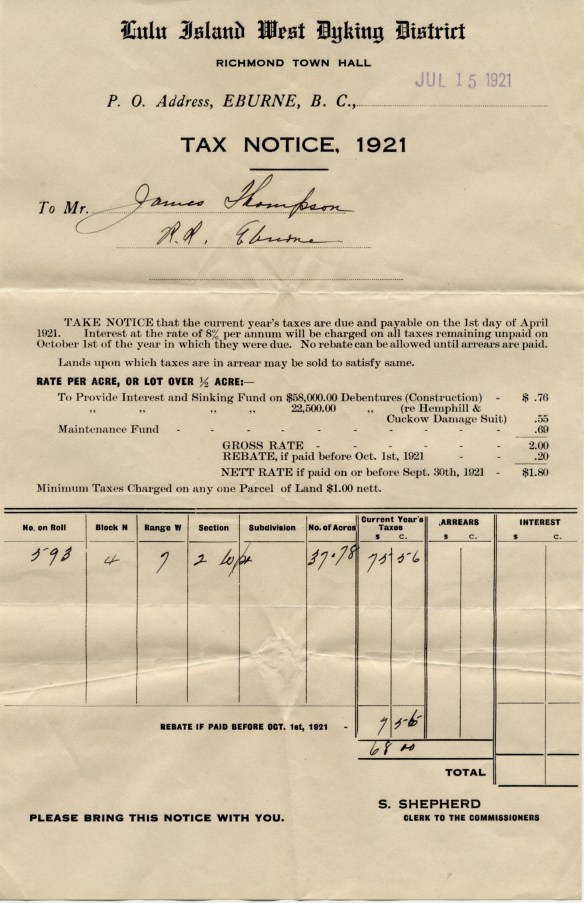 Tax notice for Lulu Island West Dyking District, 1921. City of Richmond Archives, Thompson family fonds