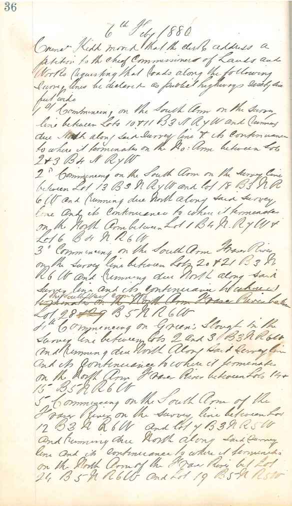 Excerpt from Council minutes of May 6, 1880, showing first page of motion to petition to declare public highways for No. 1 Road through No. 13 Road. City of Richmond Archives, MR 1, File 1-1 
