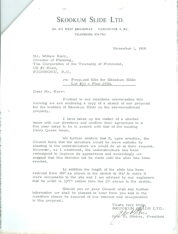 A letter from Skookum Slide President John B. Stokes. City of Richmond Archives MR SE 92 SS7, file 43.