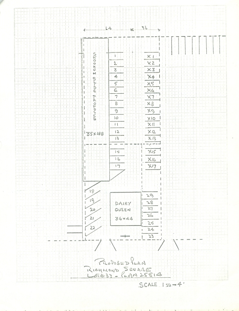 A plan showing the proposed location for the slide on property sub-leased from the Credit Union and Dairy Queen. City of Richmond Archives accession 5337 43.