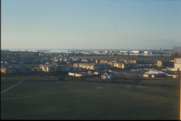Minoru Park (with Minoru Chapel) and beyond looking northwest, ca. 1974. City of Richmond Archives Photograph 1988 123 660