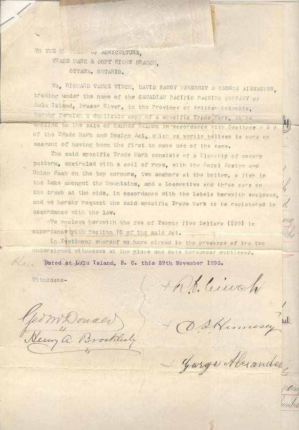 The trademark registration document for Flagship Brand Salmon, 1893.