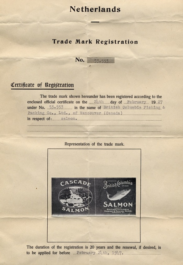 A Dutch Trademark Registration Certificate for Cascade Brand Salmon, 1947